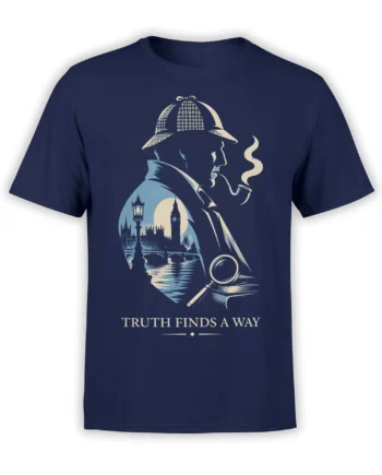 Navy detective T-shirt with a pipe-smoking silhouette, London skyline, magnifying glass, books, and Truth Finds a Way text