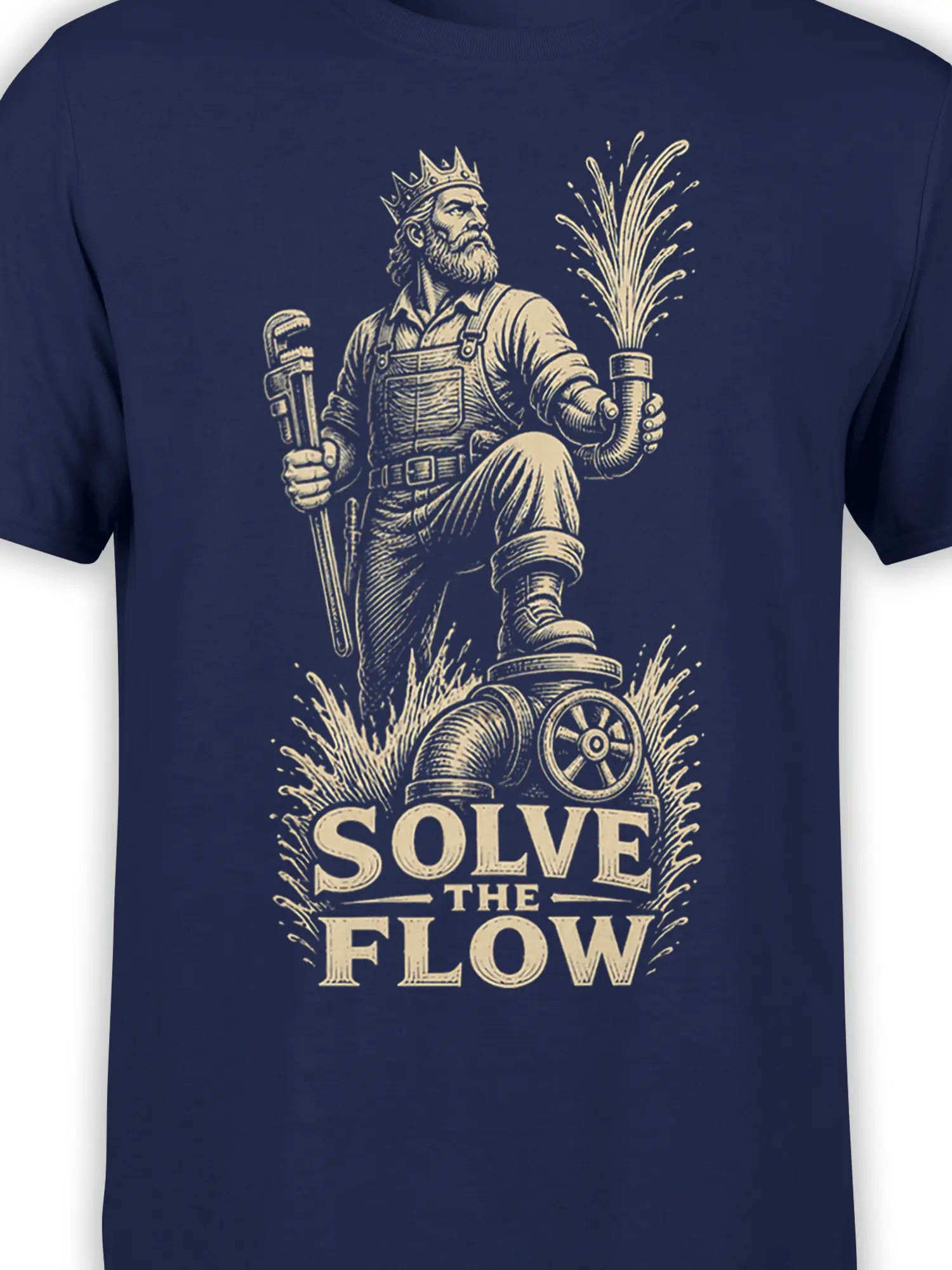 Vintage crowned plumber graphic with wrench, water spray, valve, and Solve the Flow text on navy fabric