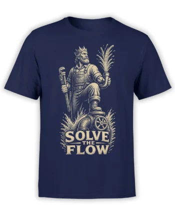 Crowned plumber holding a wrench beside a bursting pipe on a navy Solve the Flow graphic T-shirt