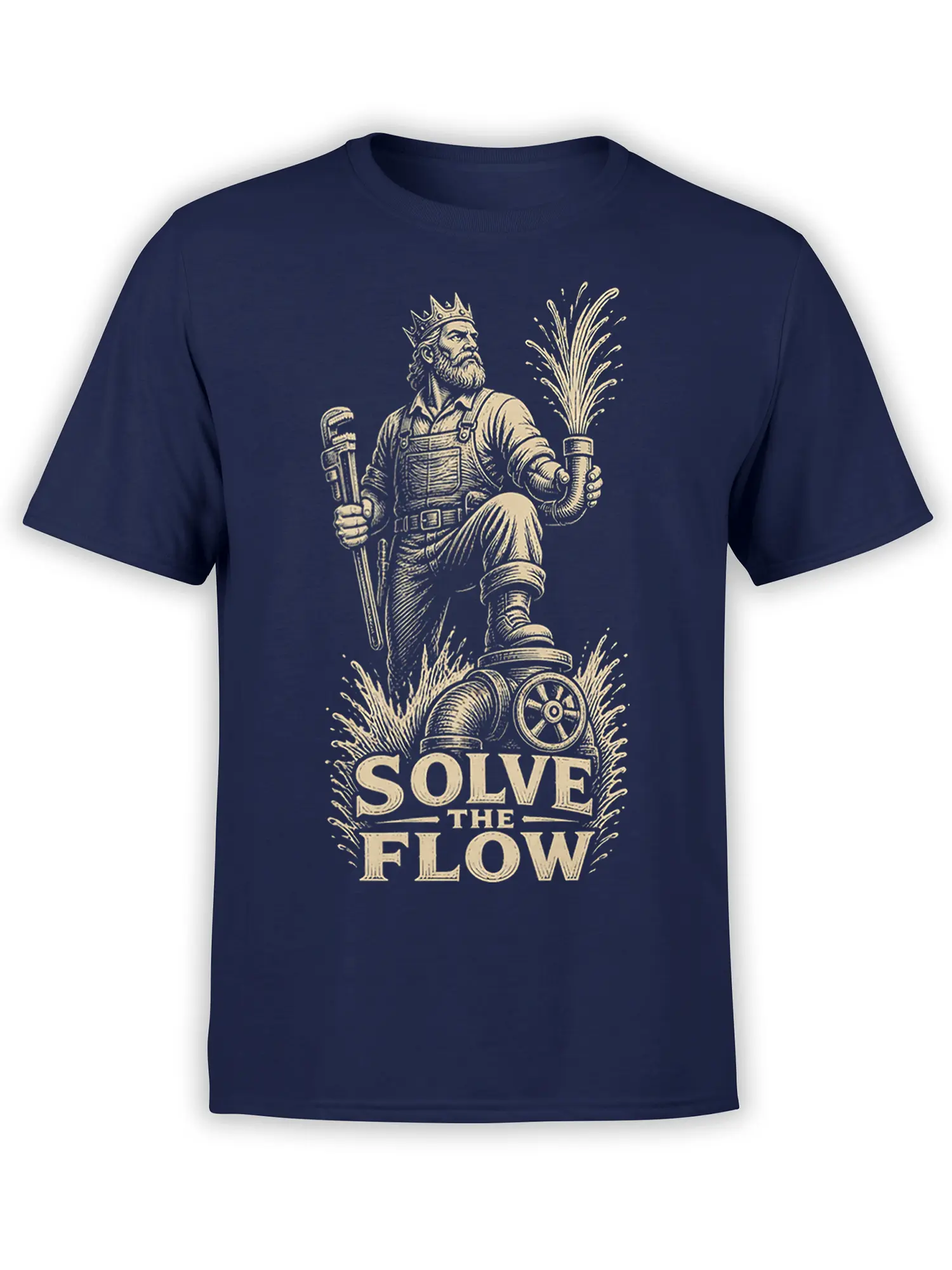 Crowned plumber holding a wrench beside a bursting pipe on a navy Solve the Flow graphic T-shirt