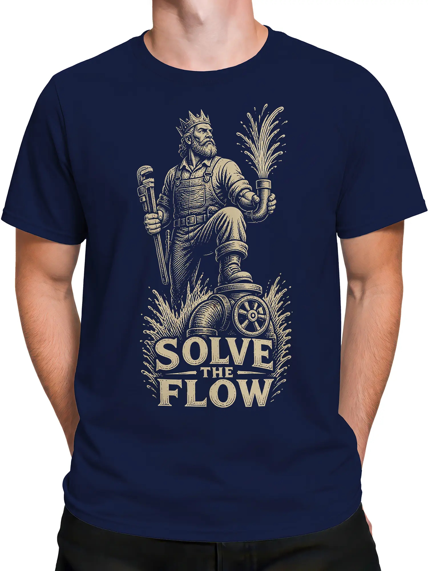 Male torso wearing a navy plumber T-shirt with crowned pipe worker and Solve the Flow graphic