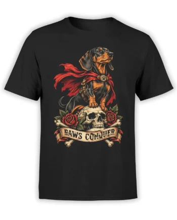 Black T-shirt with a caped black-and-tan dog, skull, red roses, bones, and PAWS CONQUER artwork
