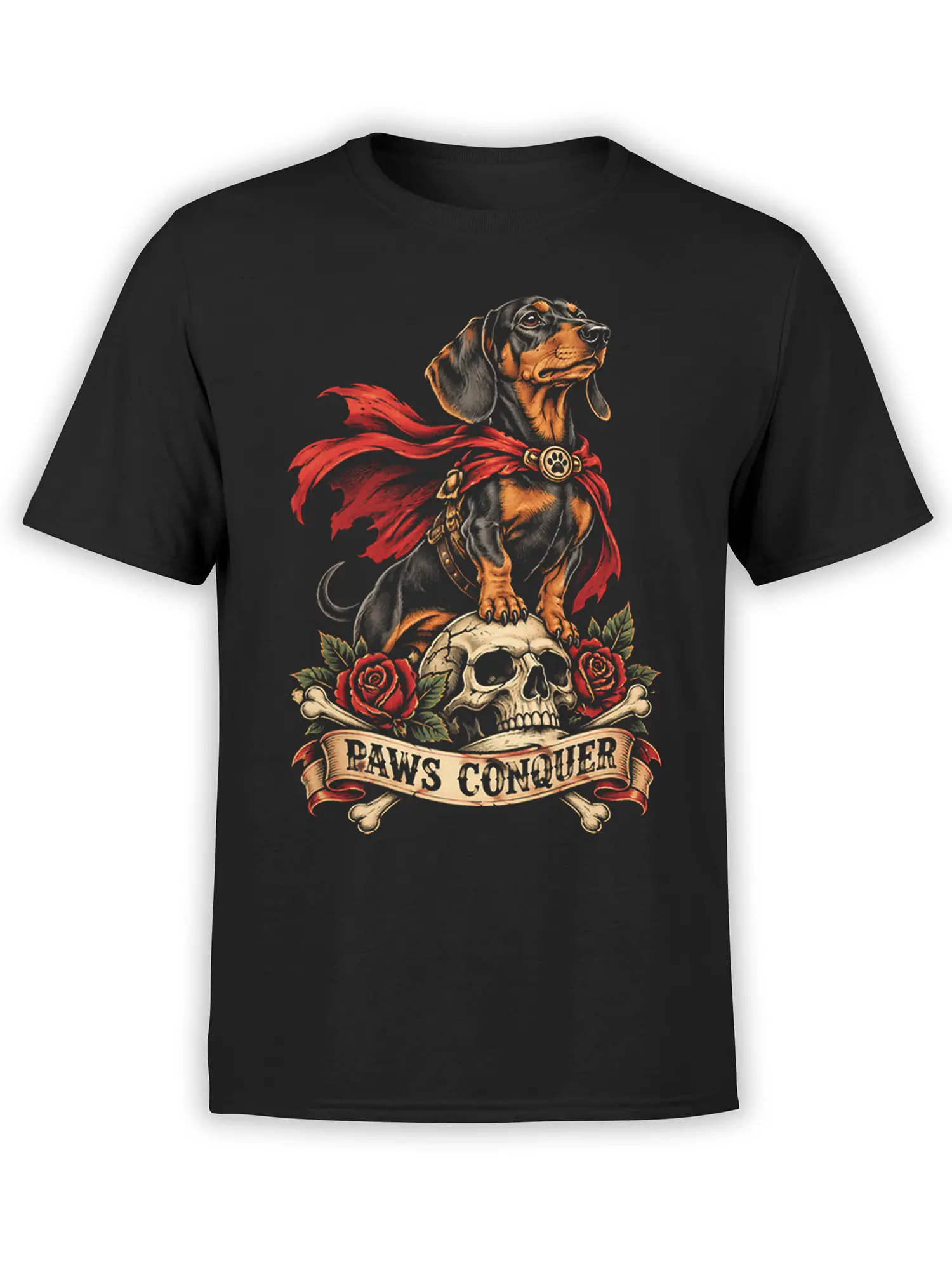 Black T-shirt with a caped black-and-tan dog, skull, red roses, bones, and PAWS CONQUER artwork
