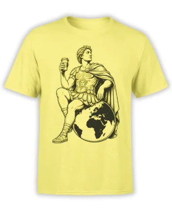 Yellow Alexander the Great T-shirt with classical armor, a globe, and a takeaway coffee cup