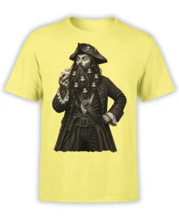 Vintage pirate captain with tiny ducks in his beard printed on a bright yellow T-shirt