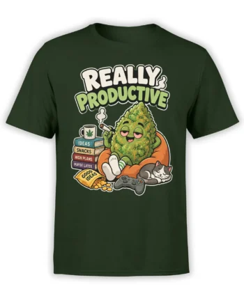 Really Productive weed graphic tee with sleepy cannabis character, cat, books, snacks, and controller on dark green