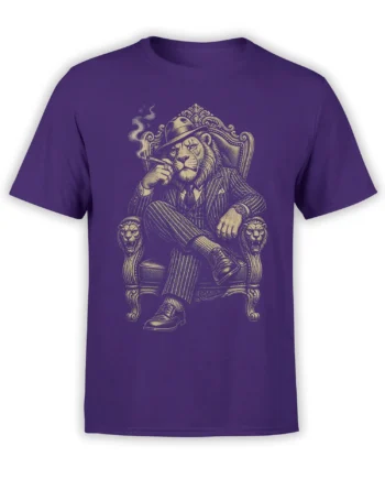 Purple T-shirt featuring a vintage lion in a pinstripe suit, fedora, and cigar seated on an ornate chair