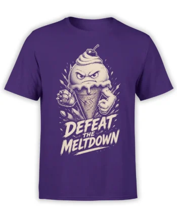 Angry melting ice cream cone graphic with raised fists and “Defeat the Meltdown” text on a purple T-shirt