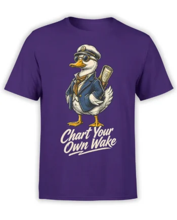 Purple shirt with a duck captain in sunglasses, sailor hat, blue coat, nautical chart, and “Chart Your Own Wake” text
