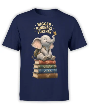 Kindness elephant graphic tee in navy with books, backpack, butterfly, and golden lettering