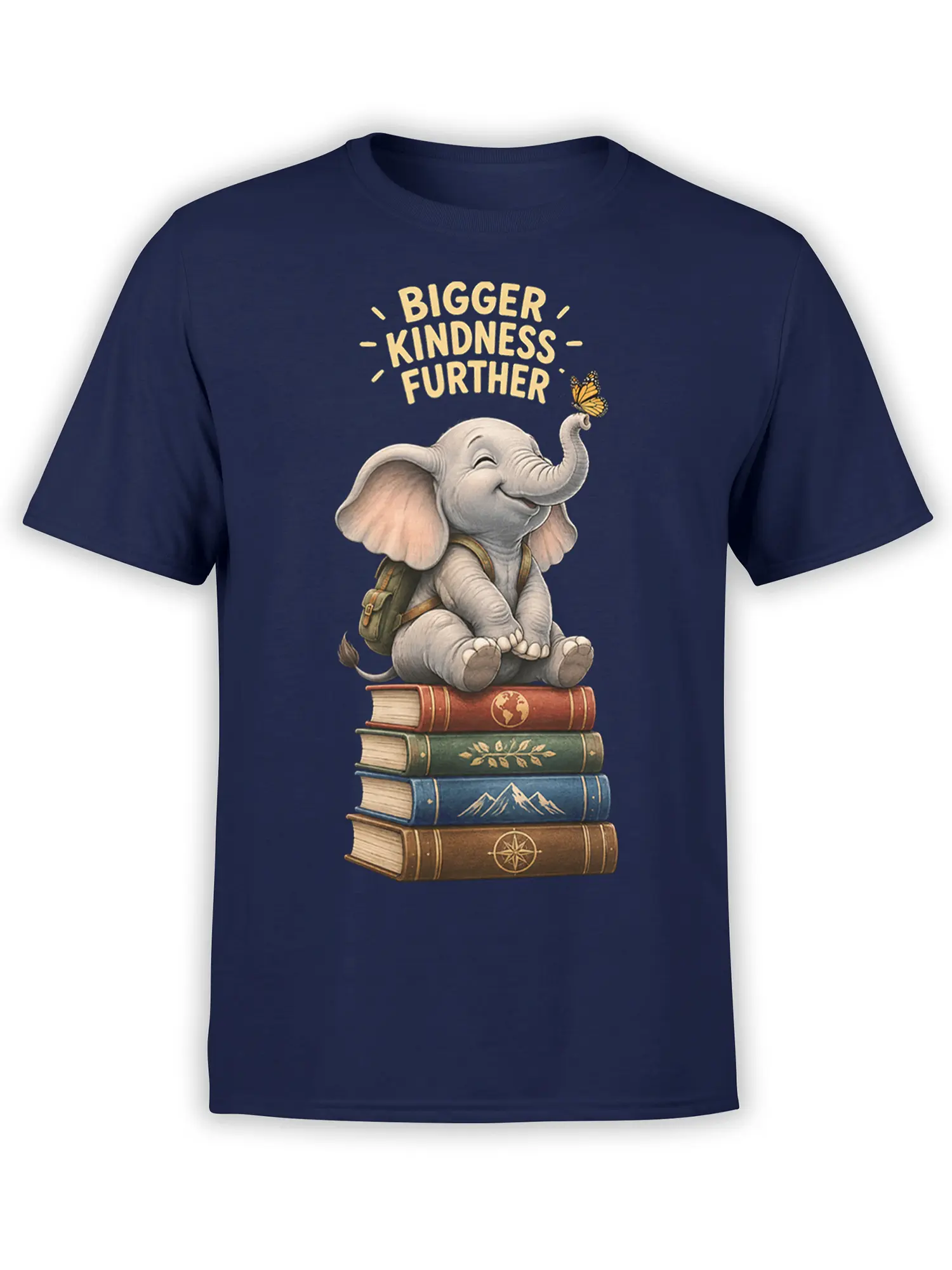 Kindness elephant graphic tee in navy with books, backpack, butterfly, and golden lettering