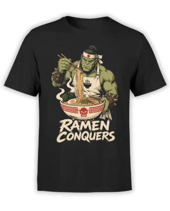 Black T-shirt with a green fantasy warrior lifting ramen and bold RAMEN CONQUERS lettering
