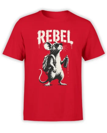 Red graphic T-shirt with a black-and-white rebel rat, backpack, spray can, and distressed REBEL text