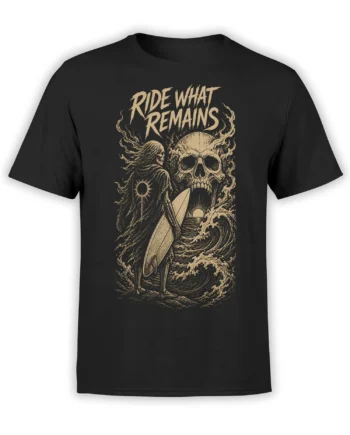 Black surfing T-shirt with a skeleton surfer, surfboard, crashing waves, and “RIDE WHAT REMAINS” lettering