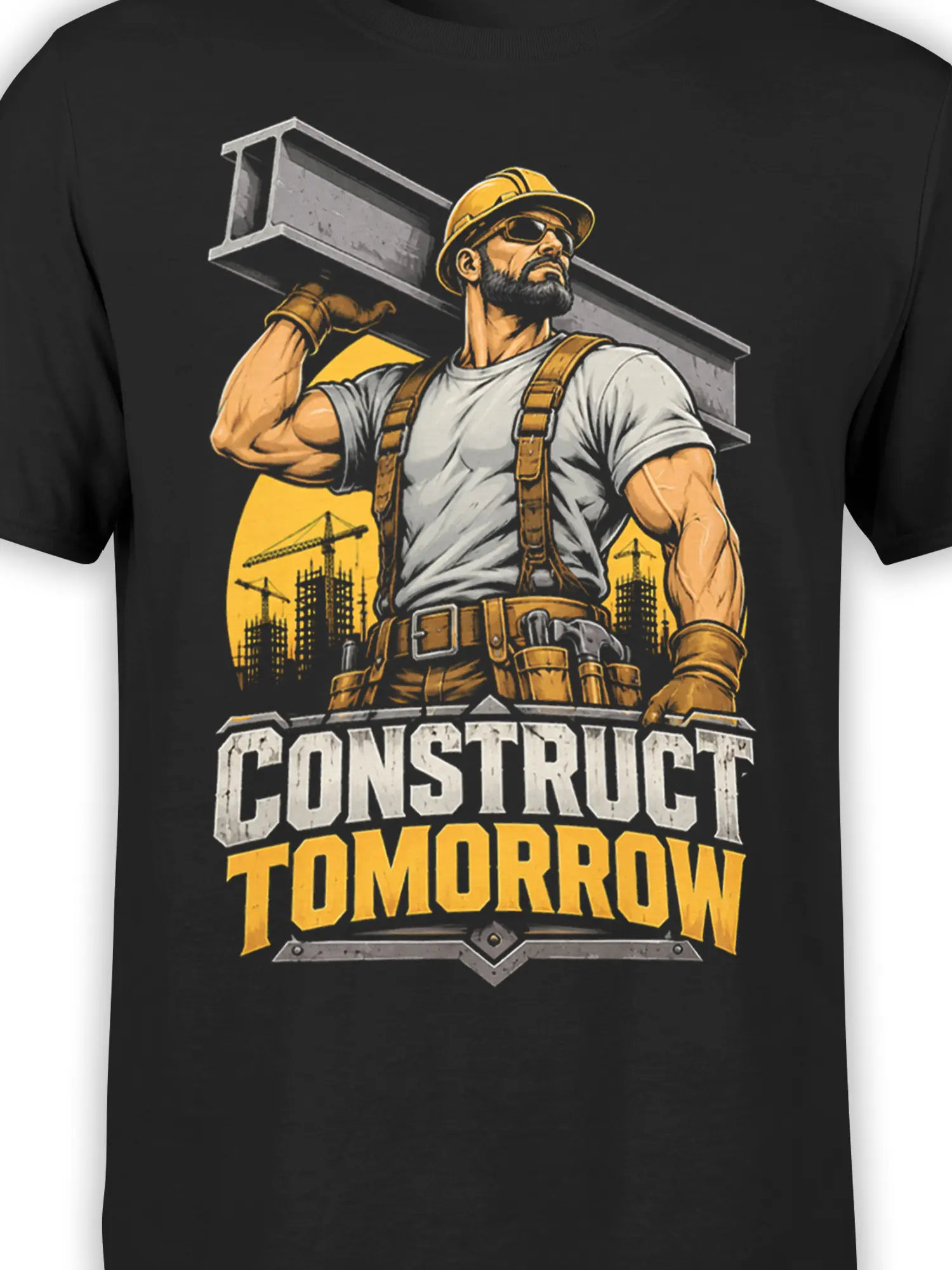 Close-up of construction worker, tool belt, cranes, and Construct Tomorrow print on black fabric
