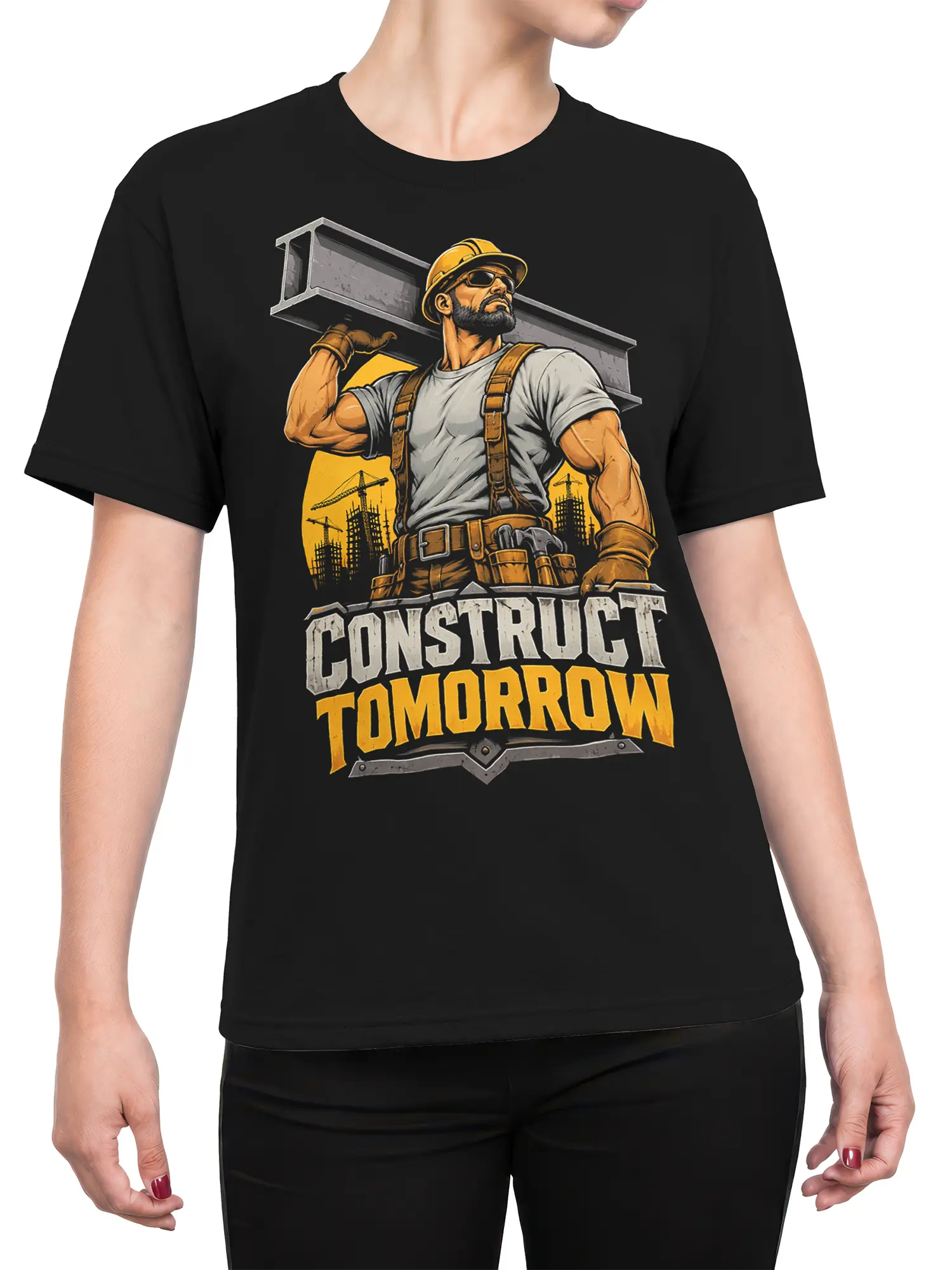 Female torso wearing a black construction worker T-shirt with Construct Tomorrow graphic