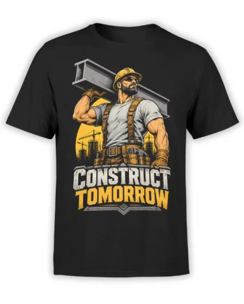 Black construction worker T-shirt with hard hat, steel beam, cranes, and “Construct Tomorrow” graphic