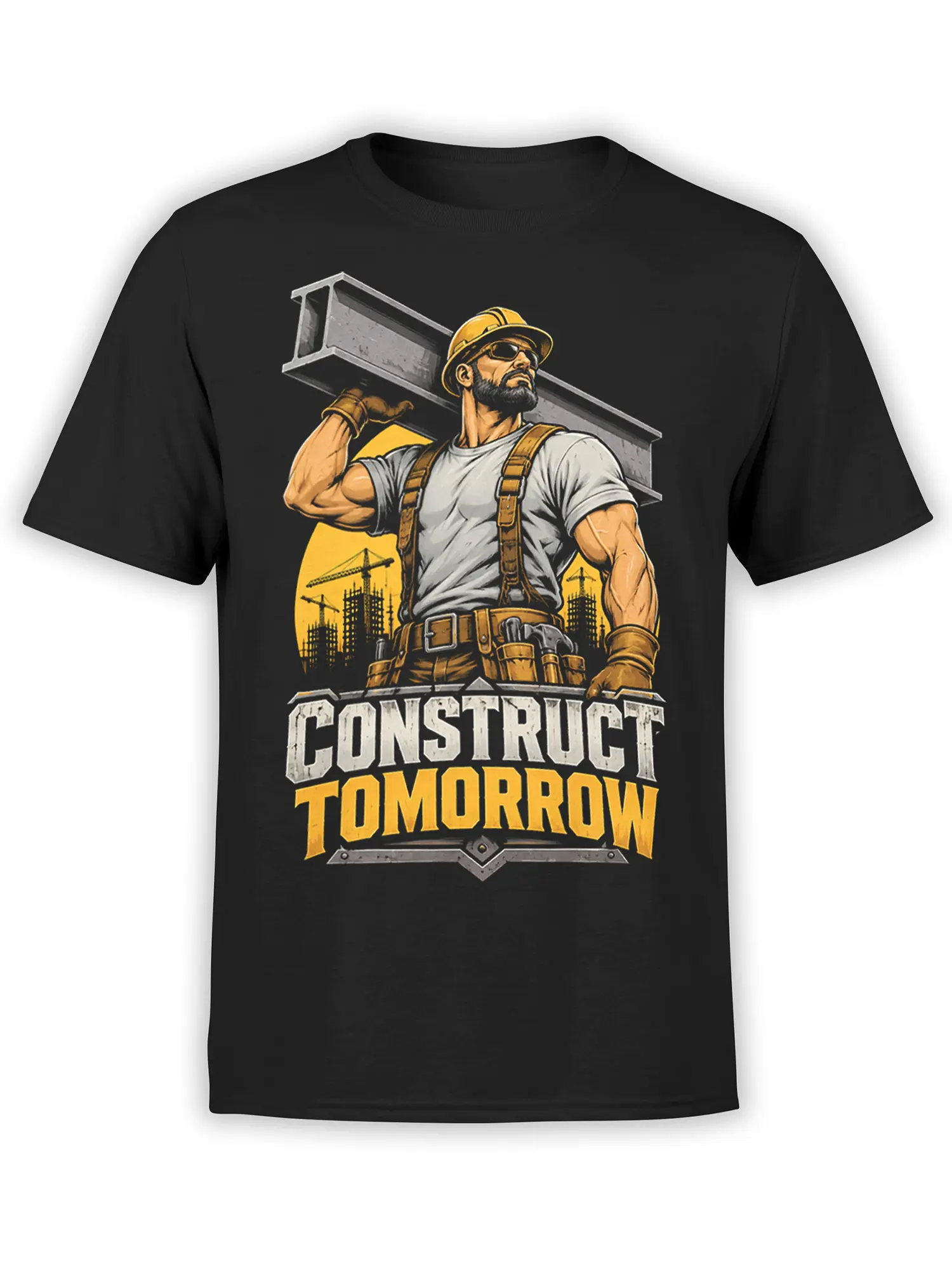 Black construction worker T-shirt with hard hat, steel beam, cranes, and “Construct Tomorrow” graphic