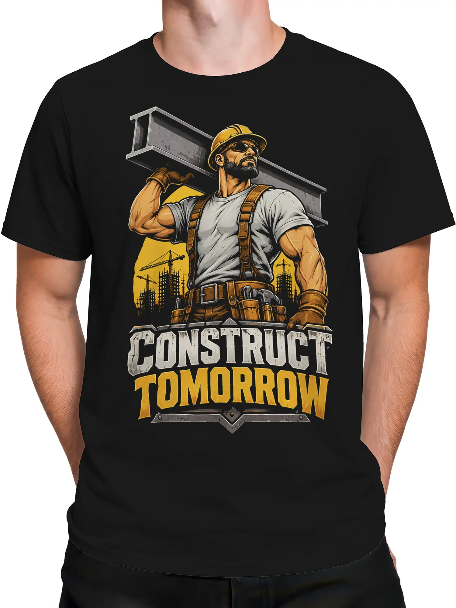 Male torso wearing a black Construct Tomorrow construction worker T-shirt