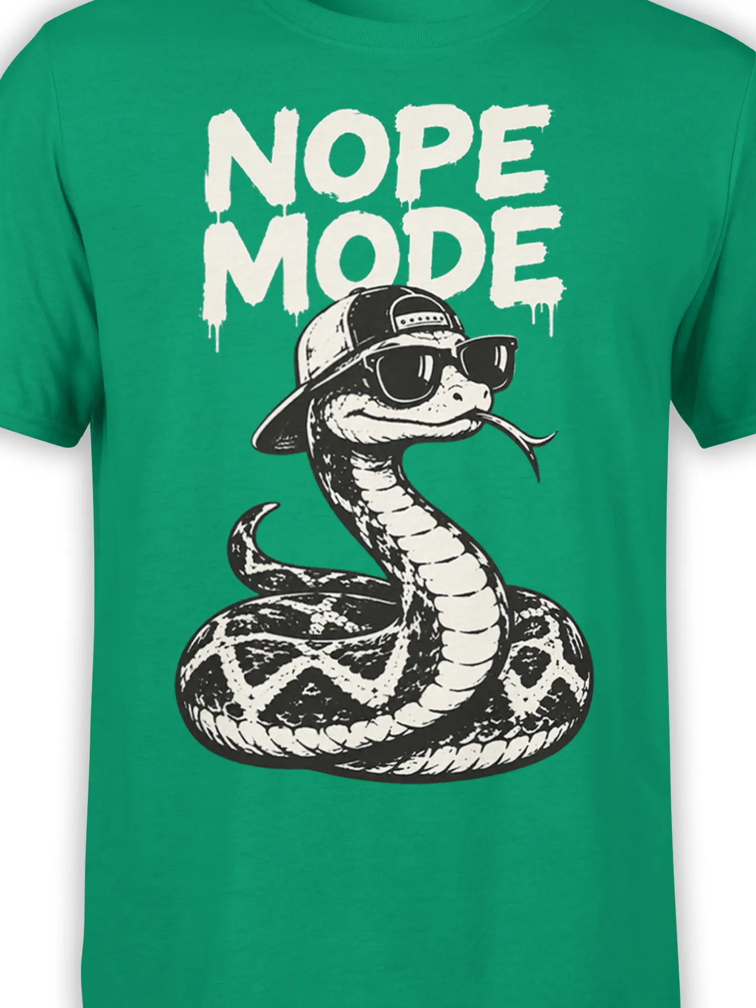 Close-up of the snake graphic and NOPE MODE lettering on a green graphic T-shirt