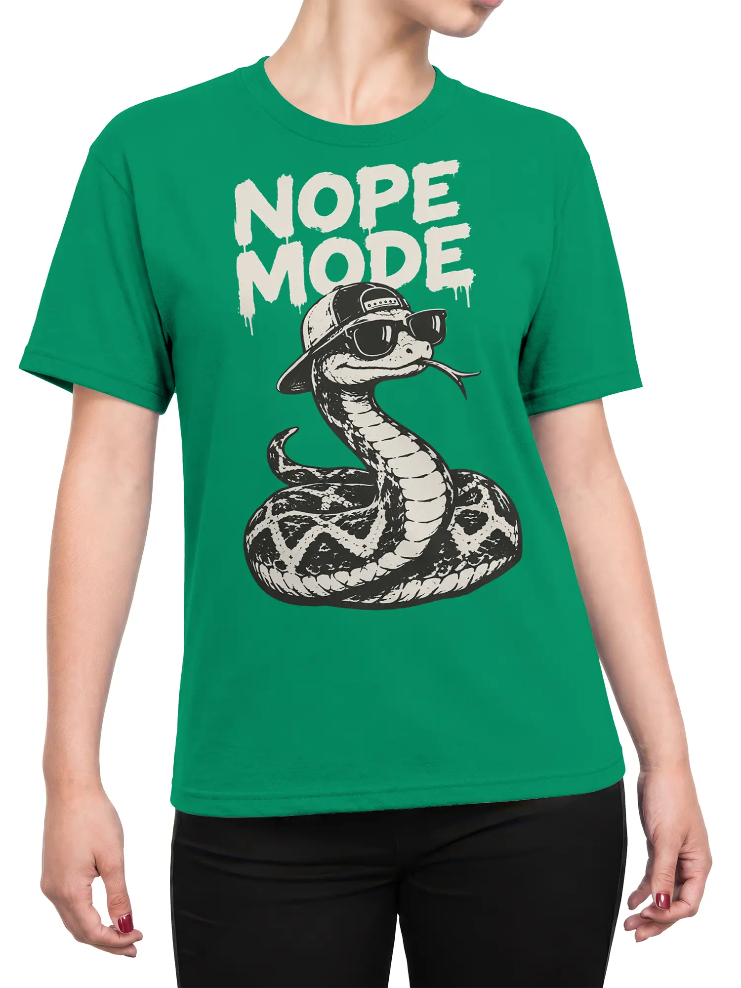 Female torso wearing a green snake graphic tee with sunglasses, cap, and NOPE MODE lettering