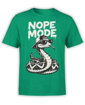 Green T-shirt with a coiled snake in sunglasses and cap beneath bold dripping NOPE MODE lettering