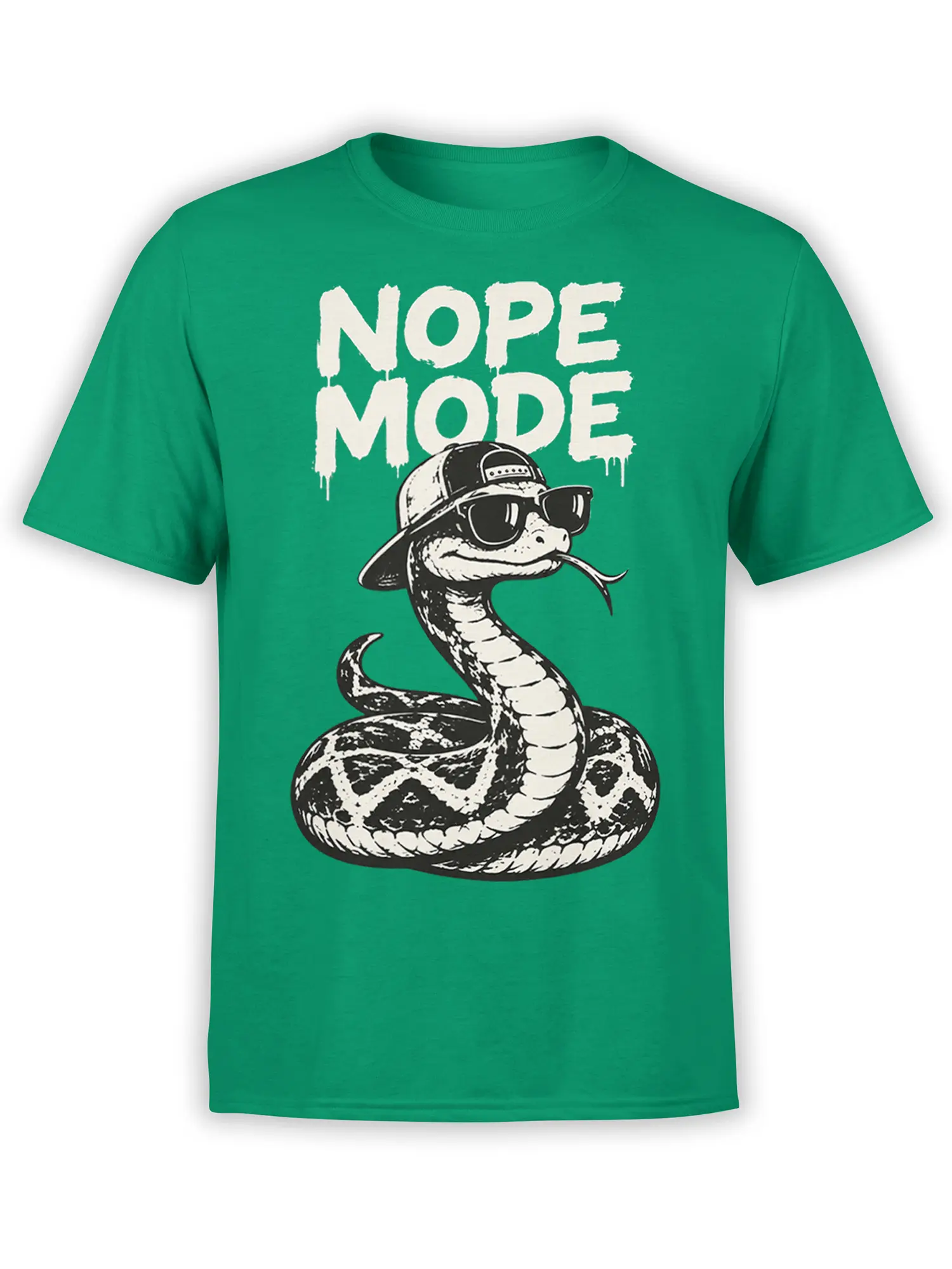Green T-shirt with a coiled snake in sunglasses and cap beneath bold dripping NOPE MODE lettering