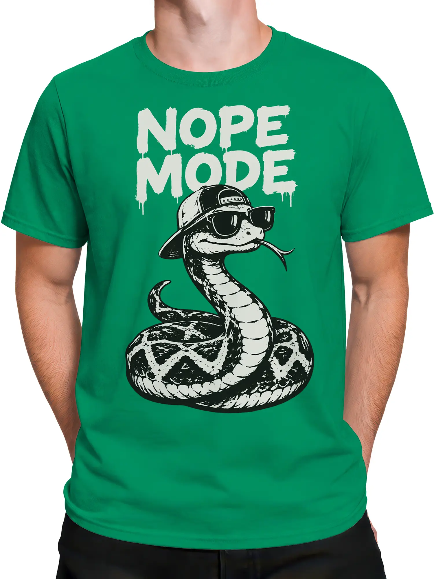 Male torso wearing a green NOPE MODE T-shirt with a coiled snake graphic