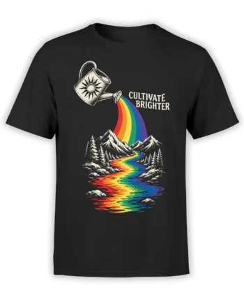 Black T-shirt with a watering can pouring a rainbow river through mountains beneath “Cultivate Brighter”