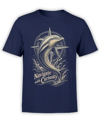 Vintage dolphin graphic with compass rose, waves, and “Navigate with Curiosity” text on a navy T-shirt