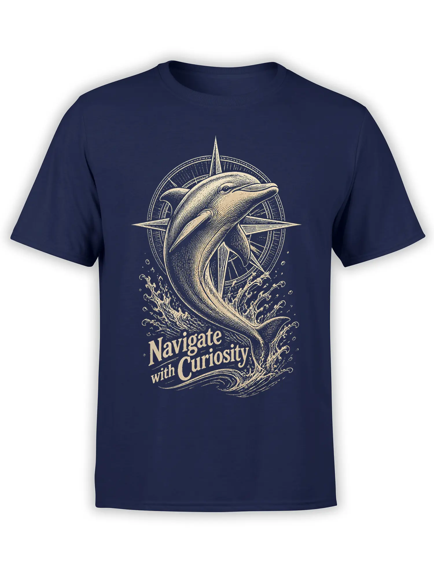 Vintage dolphin graphic with compass rose, waves, and “Navigate with Curiosity” text on a navy T-shirt