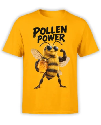 Orange bee t-shirt with a muscular sunglasses-wearing bee, honey jar, and bold Pollen Power lettering