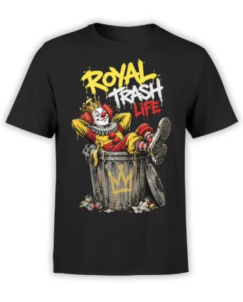 Crowned clown lounging in a trash can on a black Royal Trash Life graphic T-shirt