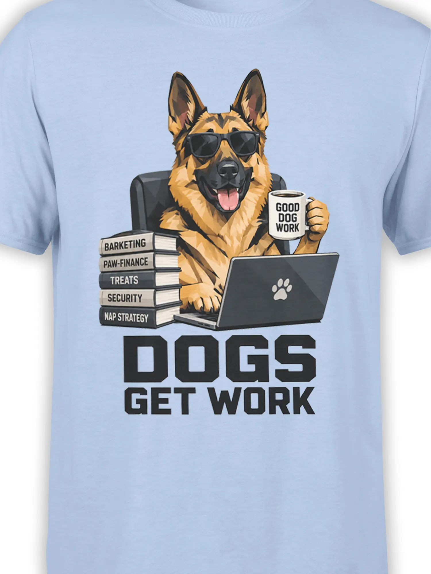 Close-up of German Shepherd office artwork with sunglasses, laptop, coffee mug, books, and text on a light blue shirt
