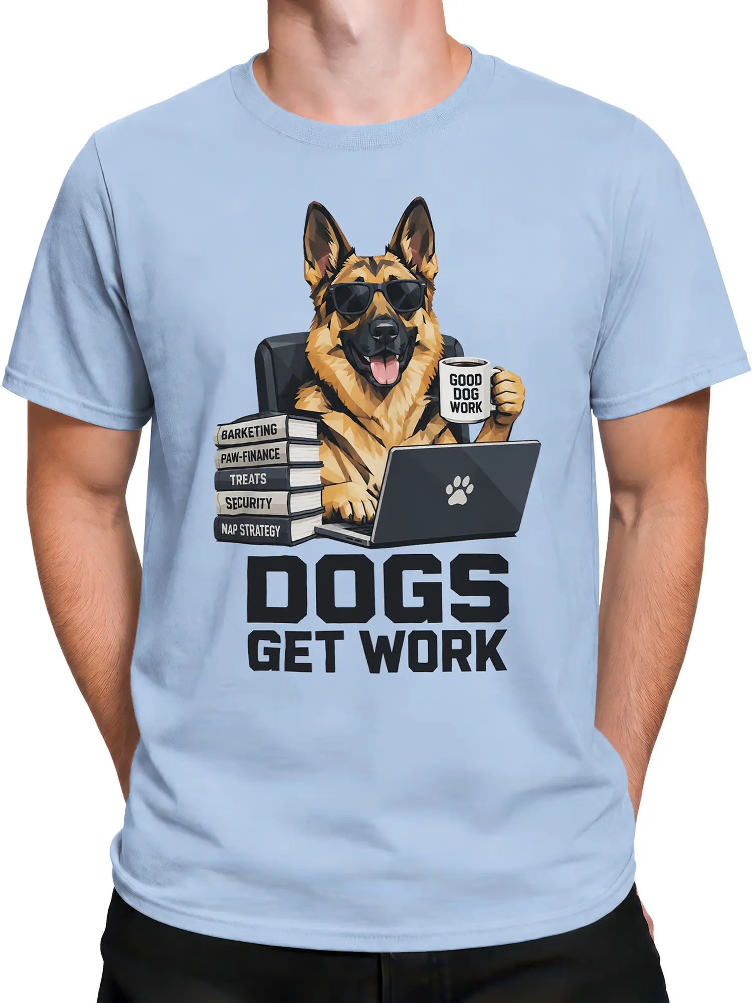 Male torso wearing a light blue German Shepherd work graphic tee with sunglasses, laptop, coffee, and books