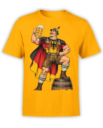 Orange T-shirt with a muscular Bavarian hero in lederhosen raising a foaming beer mug