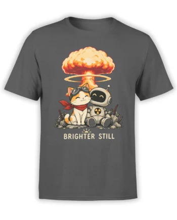 Gray cat and robot graphic tee with a mushroom cloud and Brighter Still message