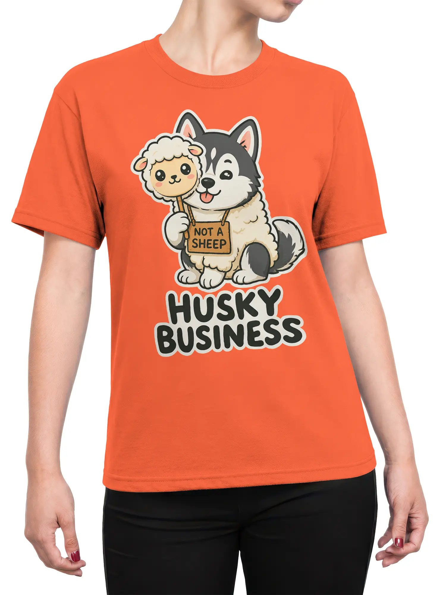 Female torso wearing an orange husky graphic tee with a sheep disguise and Husky Business lettering