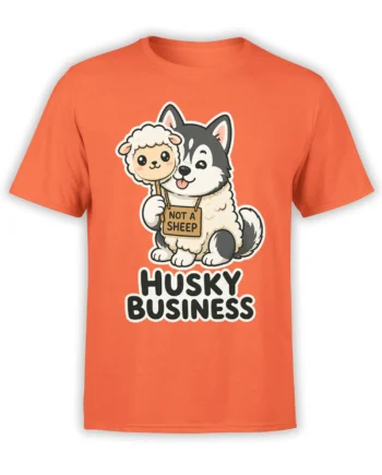 Orange husky dog T-shirt with a sheep disguise, Not a Sheep sign, and bold Husky Business lettering