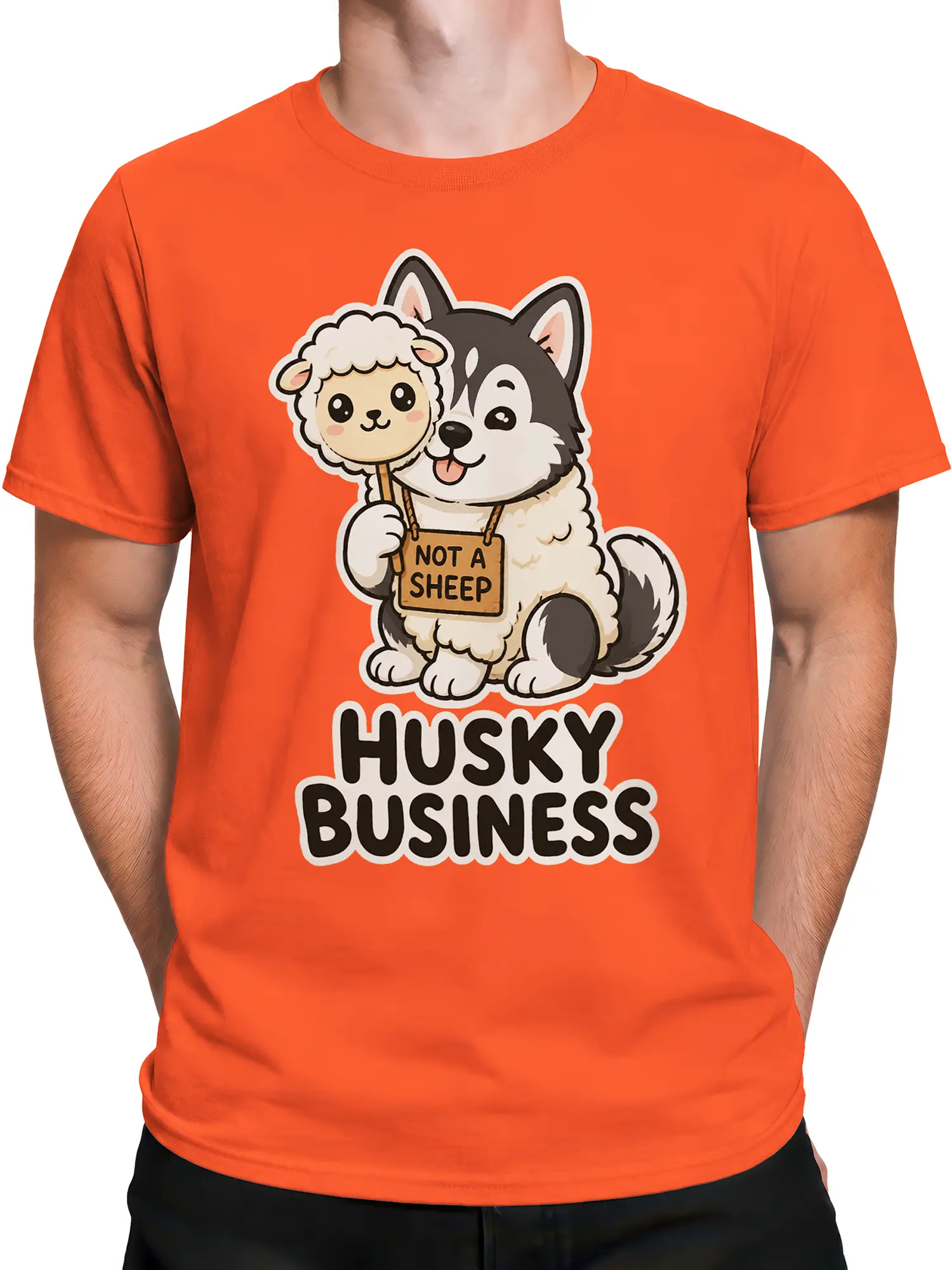 Male torso wearing an orange husky dog tee with a Not a Sheep sign and playful graphic lettering