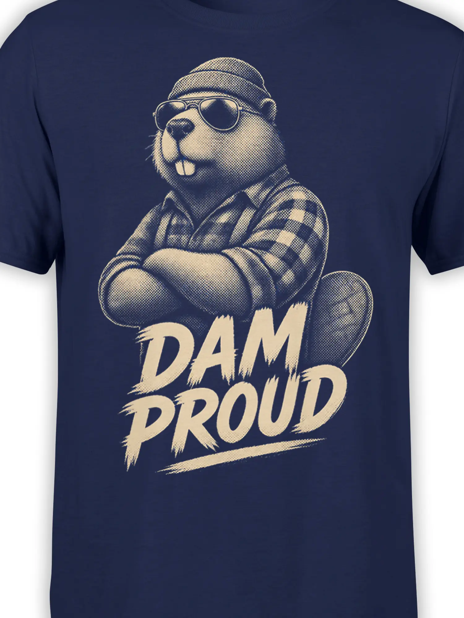 Close-up of the Dam Proud beaver graphic with sunglasses, plaid details, and cream lettering