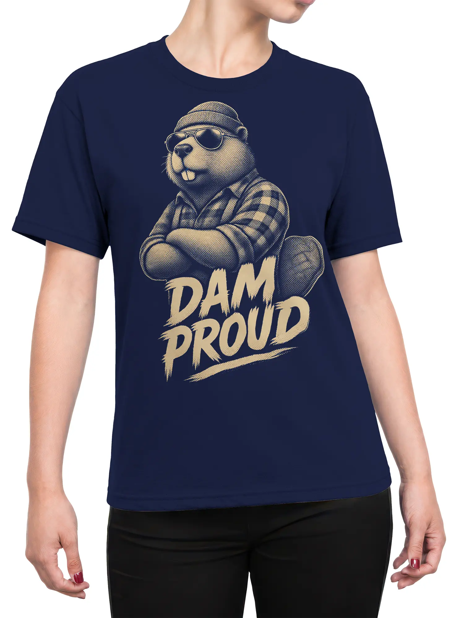 Female torso wearing a navy T-shirt with a Dam Proud beaver and bold cream slogan