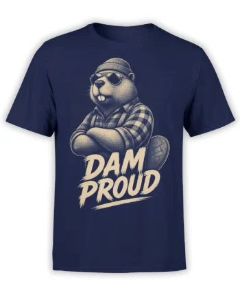 Dam Proud beaver graphic with sunglasses and plaid shirt printed on a navy T-shirt