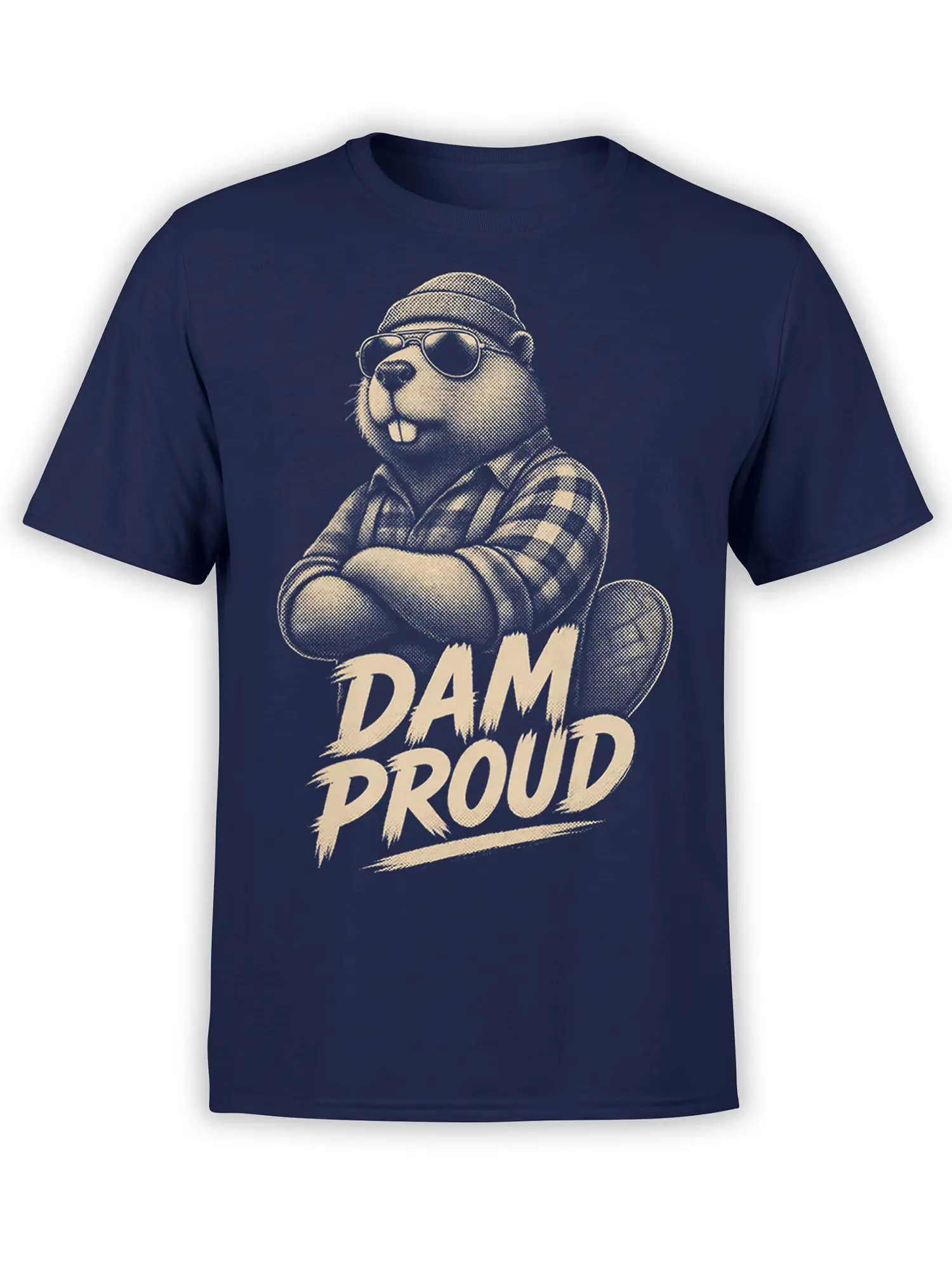 Dam Proud beaver graphic with sunglasses and plaid shirt printed on a navy T-shirt