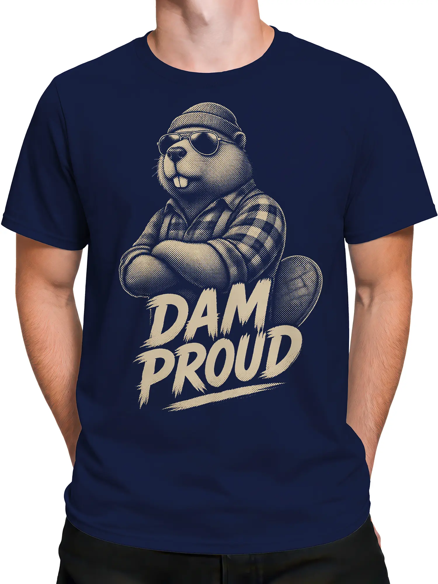 Male torso wearing a navy Dam Proud T-shirt with a beaver graphic and cream slogan