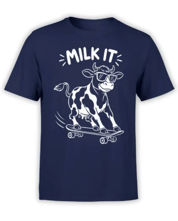 Sunglasses-wearing cow riding a skateboard on a navy T-shirt with bold white “MILK IT” lettering