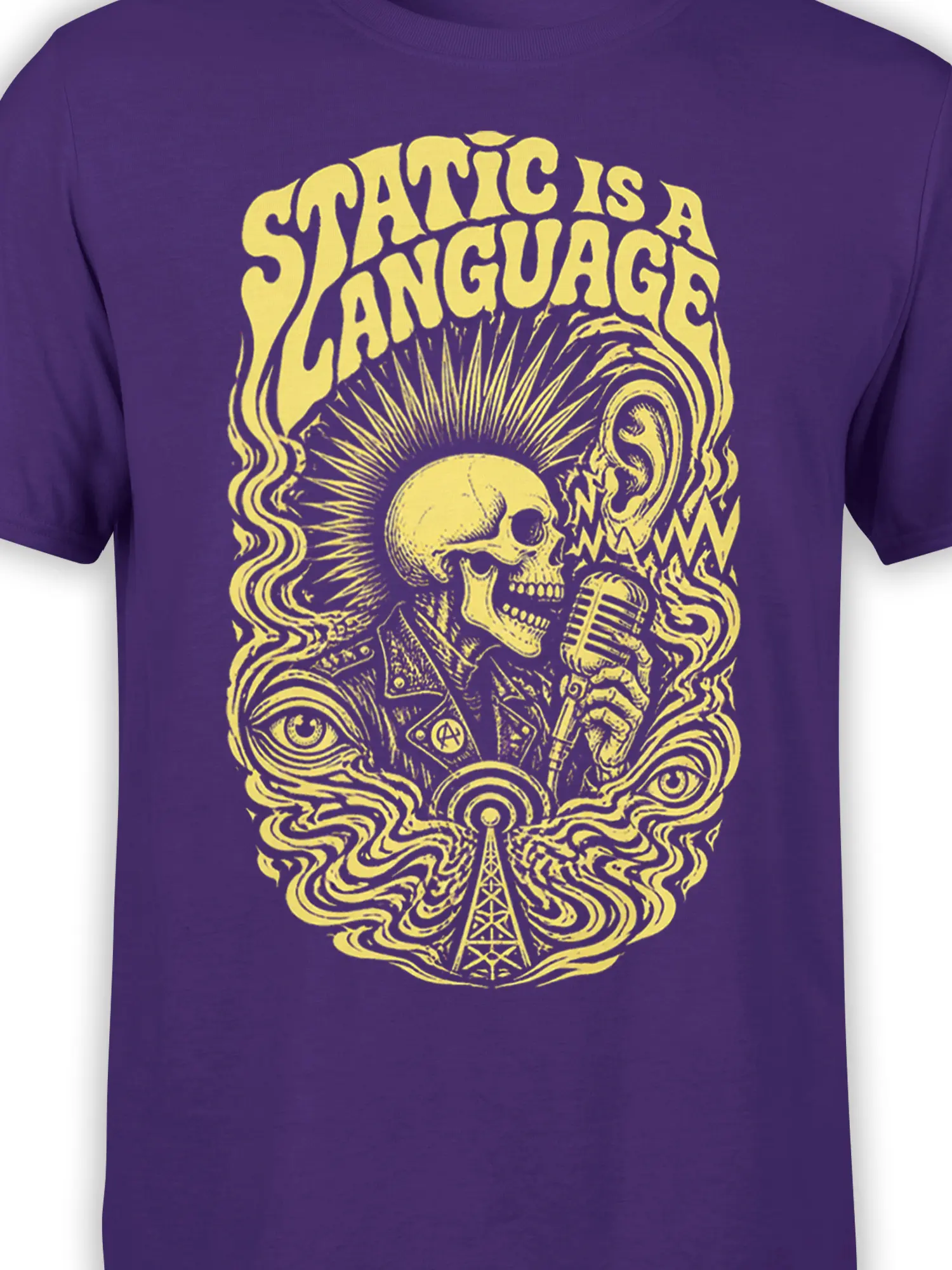 Close-up of yellow skull singer artwork and vintage microphone on a purple music graphic T-shirt