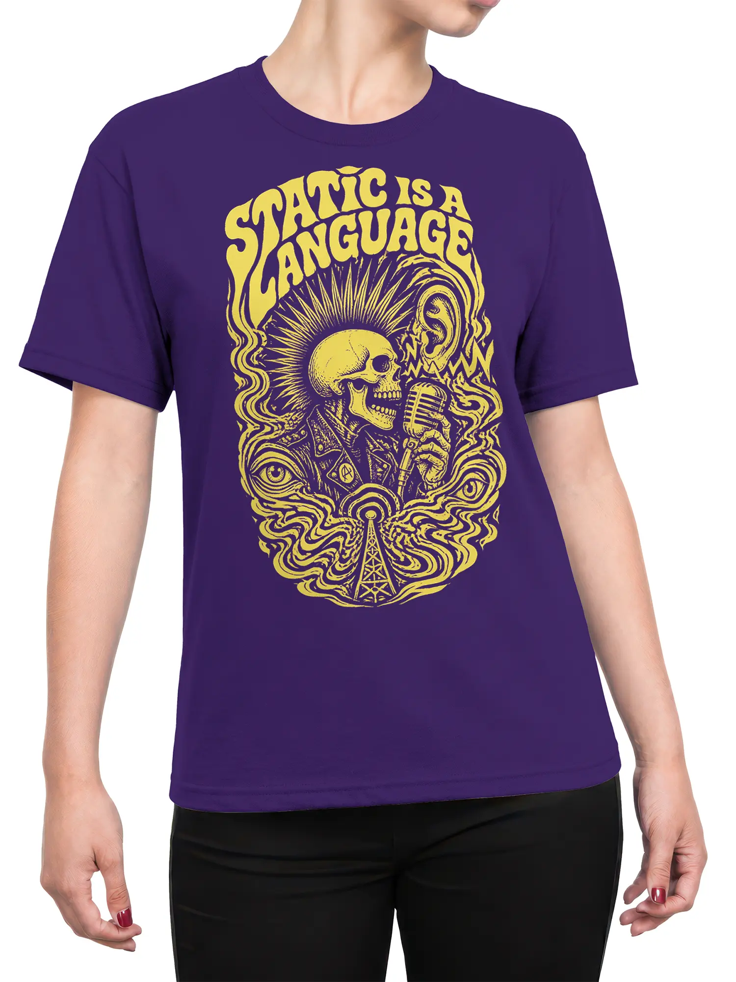 Female torso wearing a purple skull singer music T-shirt with yellow vintage radio and sound wave artwork