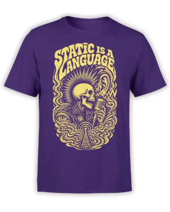 Purple music T-shirt with yellow skull singer, vintage microphone, radio tower, sound waves, and bold lettering