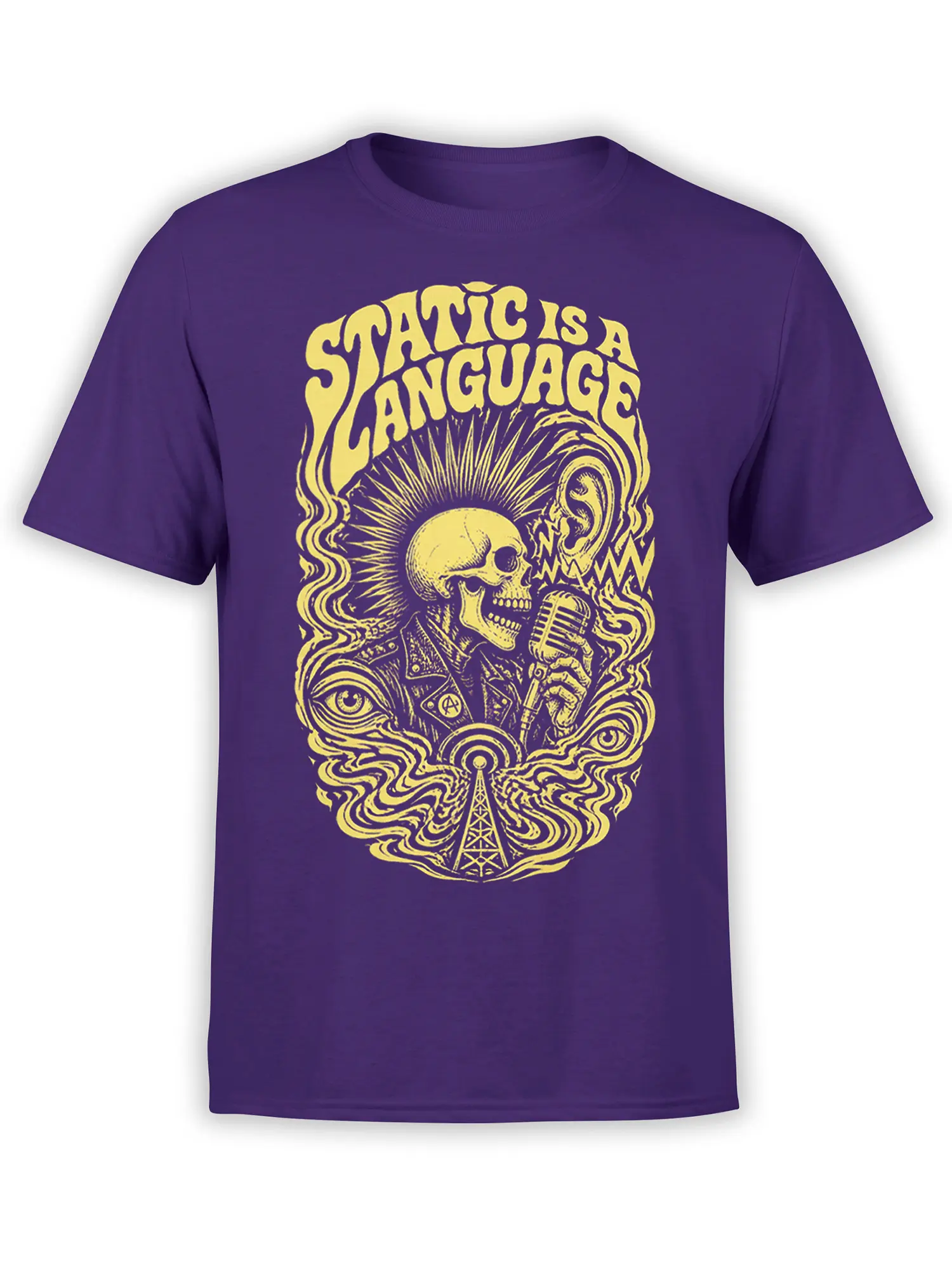 Purple music T-shirt with yellow skull singer, vintage microphone, radio tower, sound waves, and bold lettering